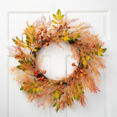Yellow Orange Berry Leaves Fall Harvest Artificial Wreath 24-Inch