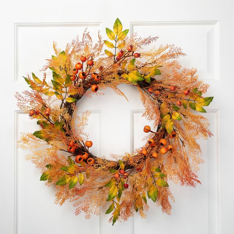 Yellow Orange Berry Leaves Fall Harvest Artificial Wreath 24-Inch