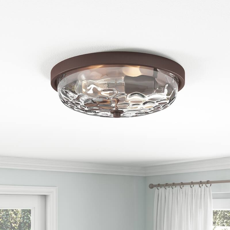 Farmhouse Oil Rubbed Bronze 2-Light Water Ripple Glass Flush Mount Ceiling Light