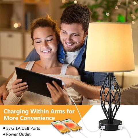 Touch Control Table Lamp Set of 2, Farmhouse Bedside Nightstand Lamps with 2 USB Ports and Outlets - N/A