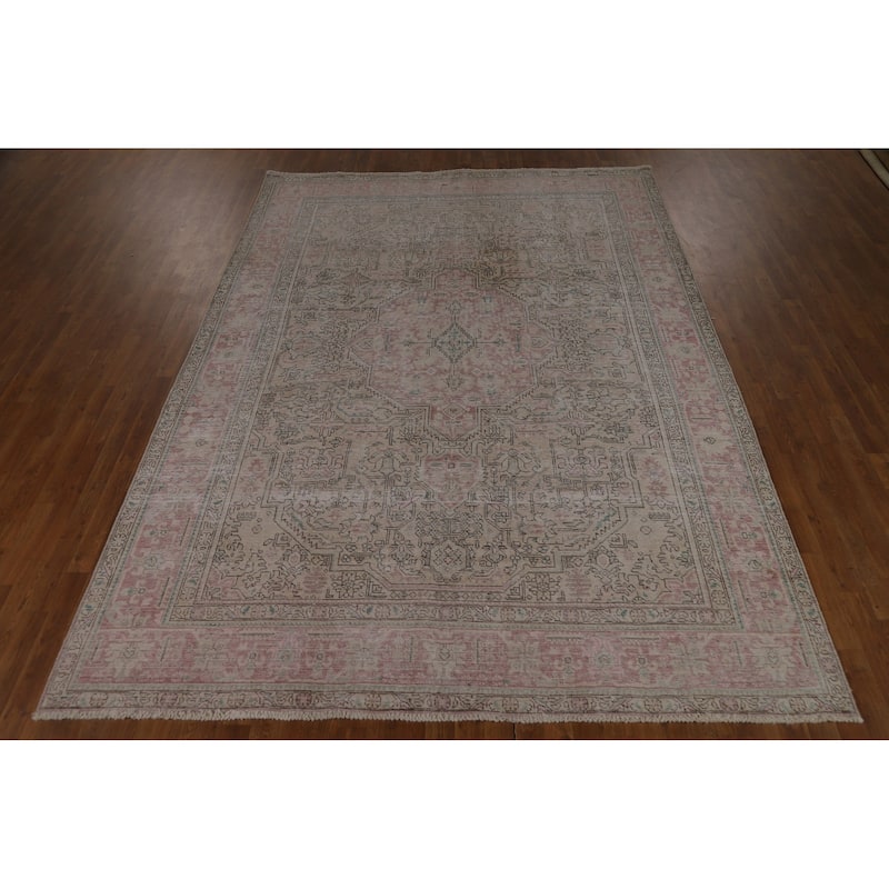 Geometric Beige Tabriz Persian Vintage Rug Hand-Knotted Wool Carpet - 7'10" x 11'0"