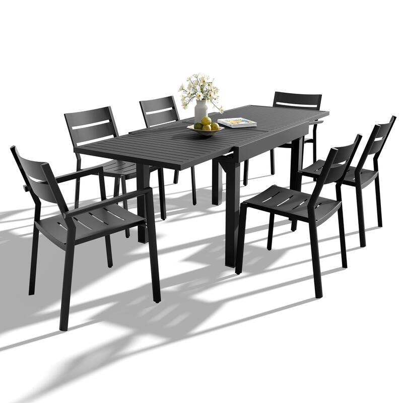 VredHom 7-piece Aluminum Expandable Dining Set Table with Chairs Sets - N/A - Black