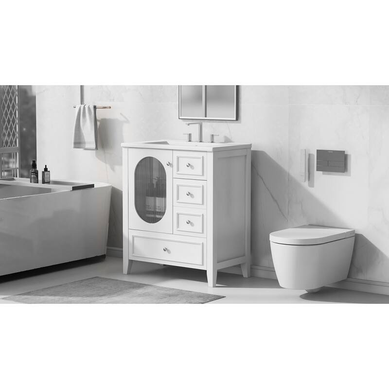 30" Stylish Bathroom Vanity with Sink, Bathroom Storage Cabinet with 3 Drawers, Solid Wood Frame and Glass Door
