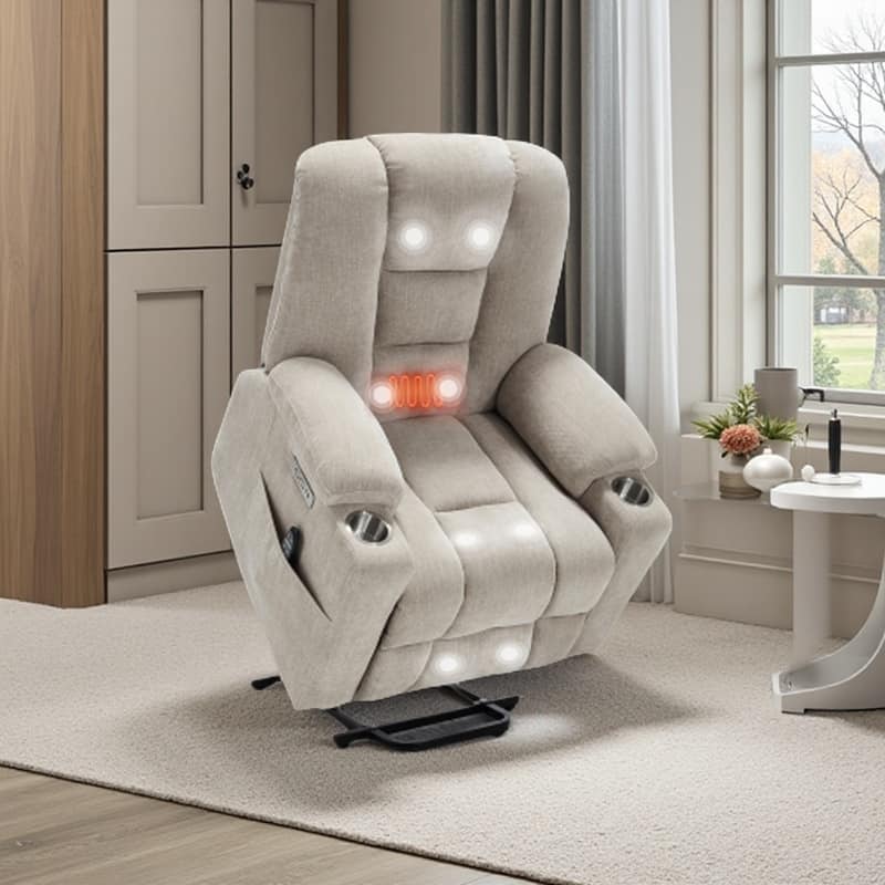 Power Lift Recliner Chair for Elderly, with Massage, Heat, Dual USB Ports, Type-C Charging, Cup Holders - Beige