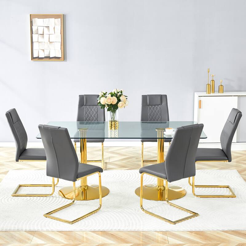Rectangular Dining Table Set for 6-8 People, Modern Glass Table with Faux Leather Chairs