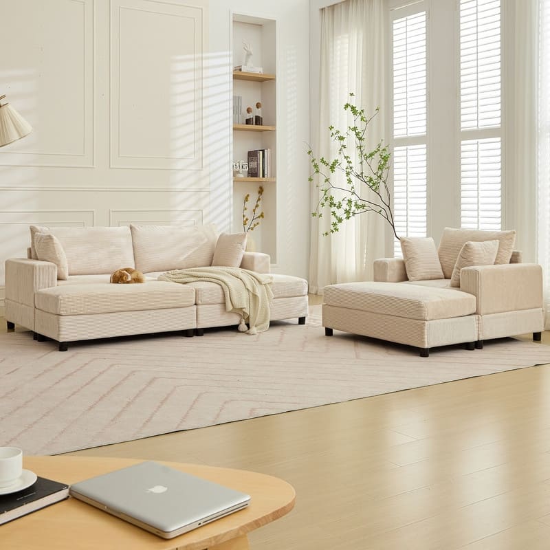 Mixoy Extra-Large Corduroy Upholstered Modular Sectional Sofa Set,Deep Seat Sleeper Chair with Ottoman - 2+1