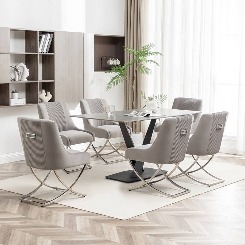 SEYNAR Contempoary Velvet Dining Chair Set of 6 with Metal Frame Legs and Back Pull - Grey