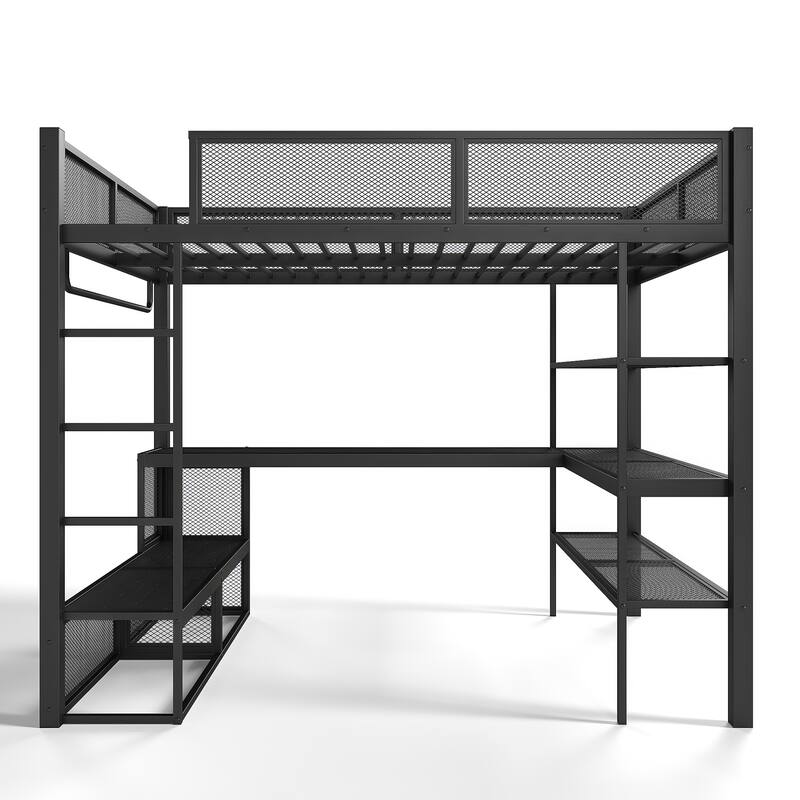 Queen Size Loft Bed with Storage Shelves, Metal Loft Bed with Clothes Hanging Rod and Desk, No Box Spring Needed Design, Black