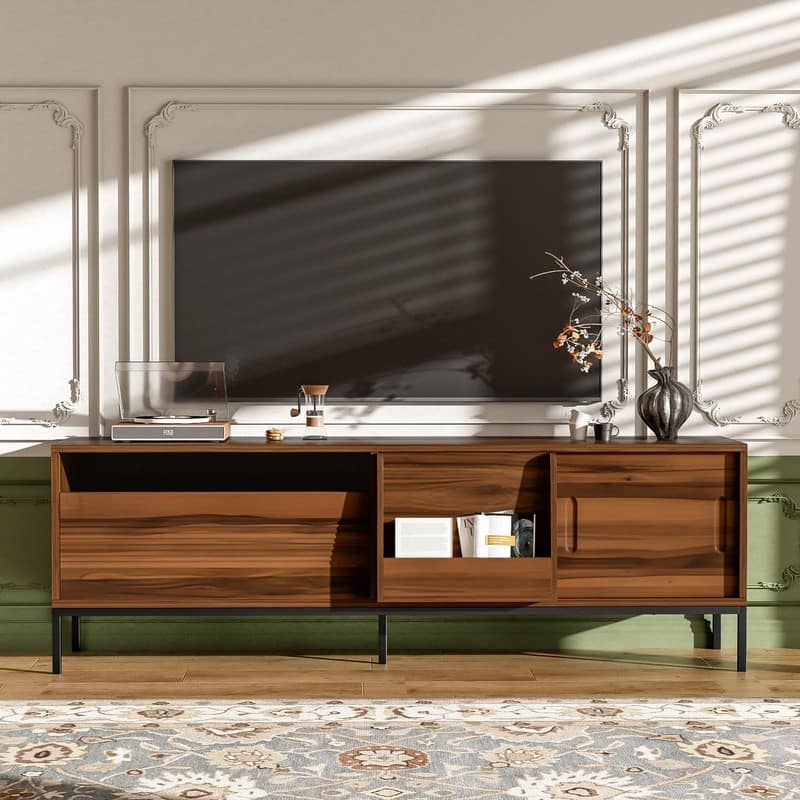 70.8'' Modern TV Stand for TVs up to 75", Entertainment Center with Storage, Sliding Doors - Brown