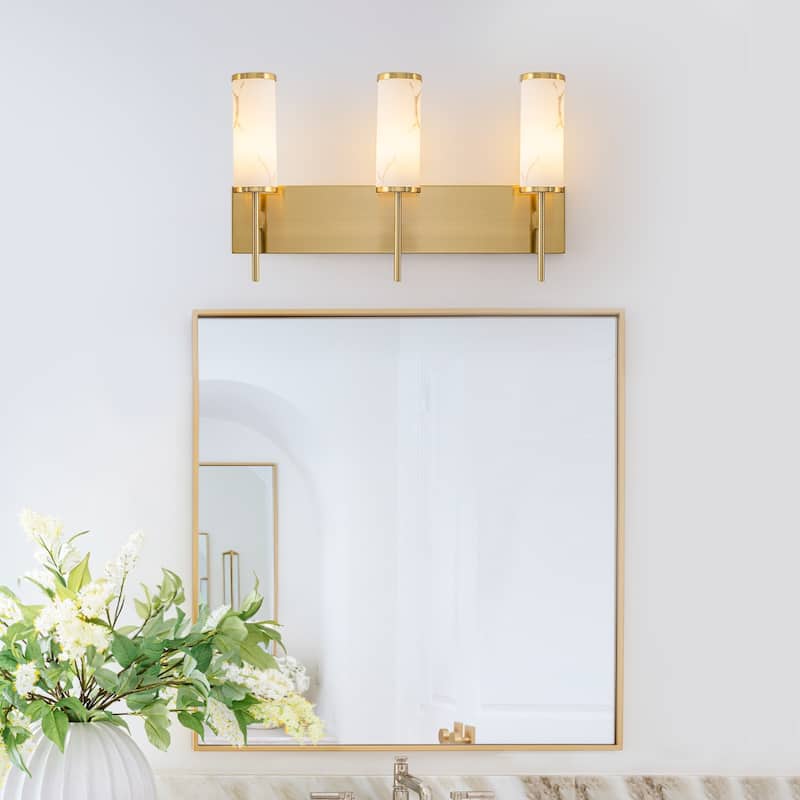 3-Light Gold Vanity Light Cylindrical Marble Crackle Glass Shades