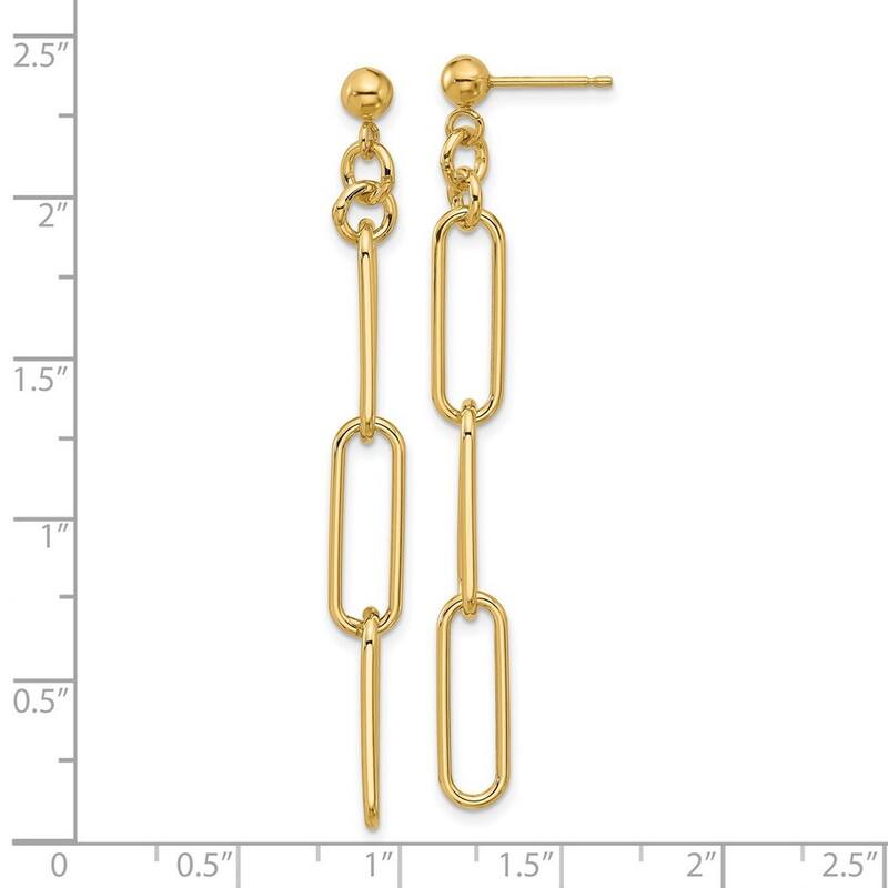 Curata 14k Yellow Gold 60x6mm 3 Paperclip Link Dangle Post Earrings