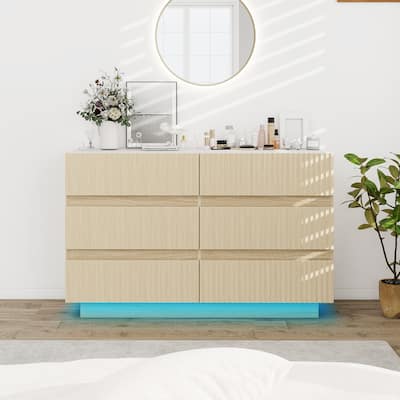 Fluted 6 Drawer Dresser with LED Lights, Wooden Drawer Organizer Cabinet, Large Capacity Bedroom Storage Cabinet