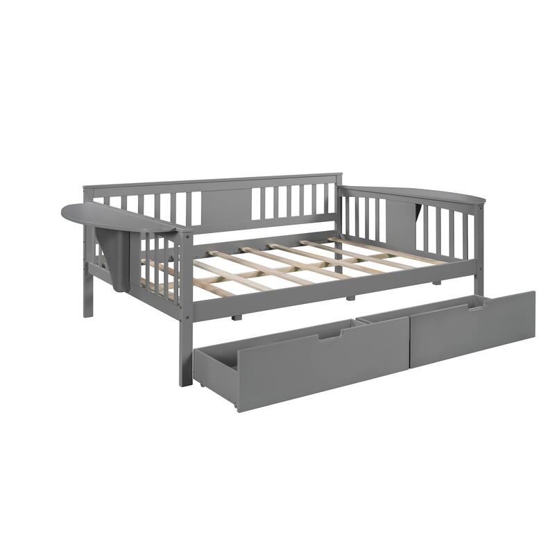 Kids Daybed Wood Full Sofa Bed Frame with 2 Drawers & Foldable Shelves