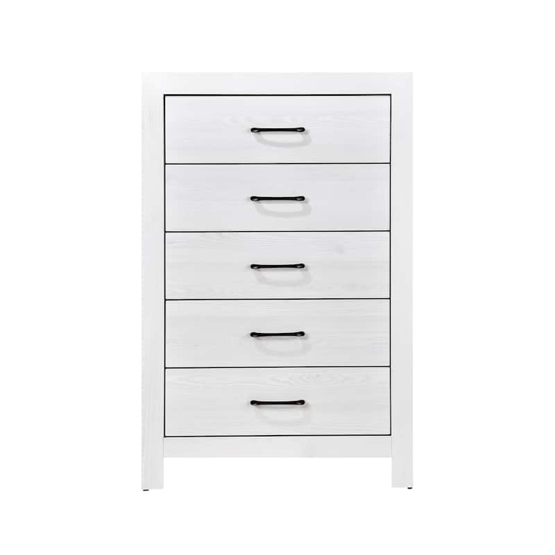 White Bedroom Storage Chest with Black Hardware, 5 Spacious Drawers - White