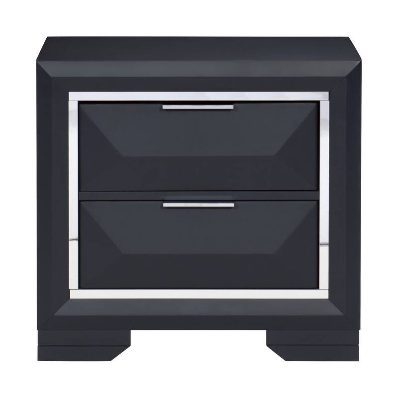Rosy 27 Inch Nightstand, 2 Drawers, Chrome Accents, Midnight Blue Wood