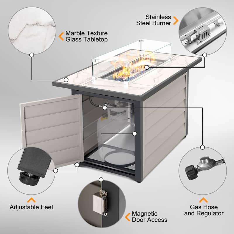 43'' Outdoor Propane Gas Fire Pit Table with Marble Texture Glass Tabletop, Ivory White