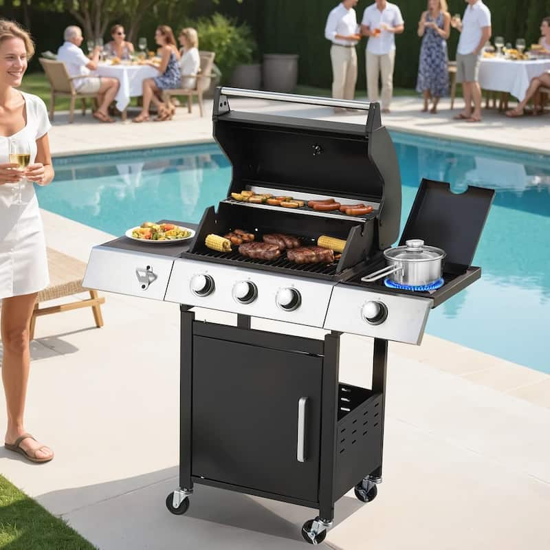 Outdoor Propane Gas Grill with Side Burner, Cast Iron Grates, Storage Cabinet, Easy Clean for Backyard & Patio