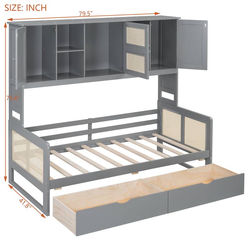 Twin/Full Size Wood Daybed with 2 Storage Drawers and All in One Cabinet, Solid Pinewood Platform Sofa Bed with Rattan Accent