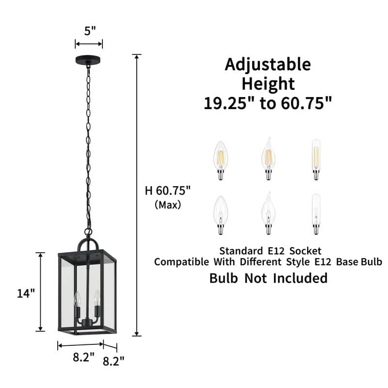 KAWOTI 2-Light Outdoor Pendant Light - W8.25" x H19.25"(MaxH60.75") - Black