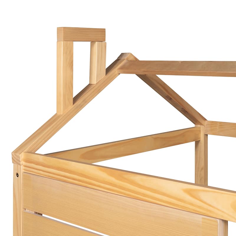Twin House Bed with Twin Trundle, Wooden Bed for Kids with Guardrails, Playhouse Design, Easy Assembly