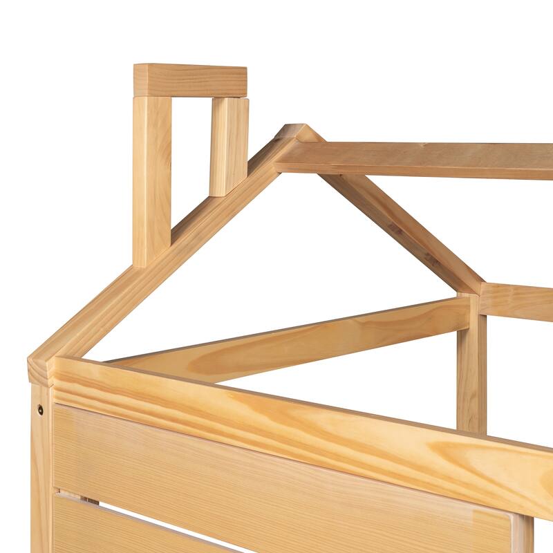 Twin Size House Bed with Trundle and Guardrails for Kids, Space-Saving Design