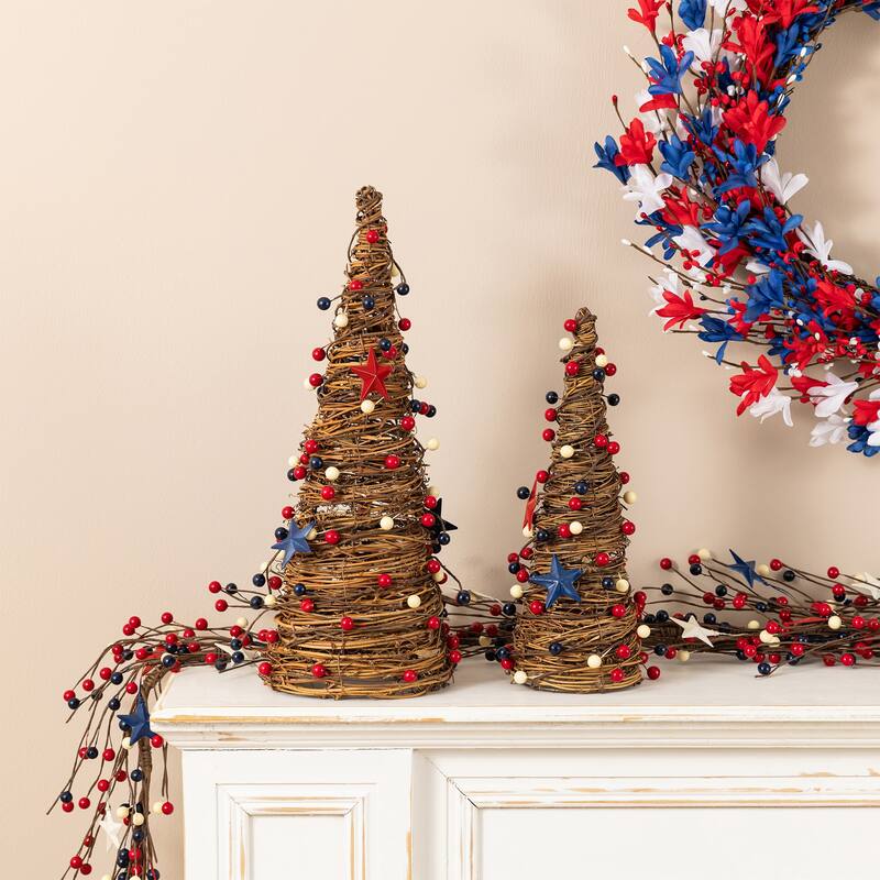 Glitzhome Set of 2 Patriotic/ Americana Rattan Stars and Berry Cone Table Tree