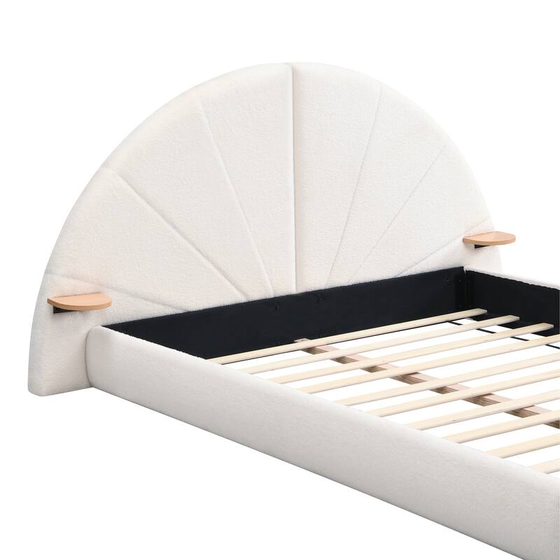 Queen Size Upholstered Bed, Beige Low Profile Boucle Bed Arched Headboard Wingback Bed with Small Table, Platform Bed