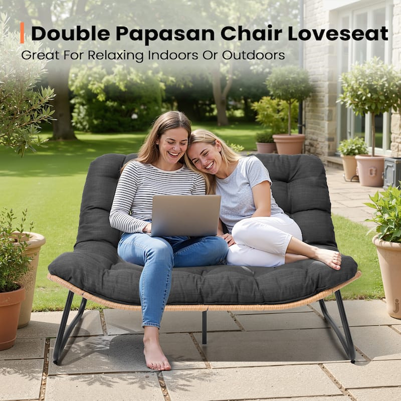 All-Weather PE Rattan Double Papasan Chair Loveseat with Soft Cushion for Indoor Outdoor