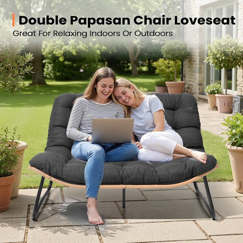 Double Papasan PE Rattan Chair Loveseat with Cushion For Indoor Outdoor