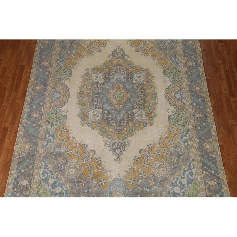 Hand Knotted Oriental 100% Wool Carpet Traditional Medallion Beige & Ivories Tabriz Area Rug - 11' 6'' X 8' 0''