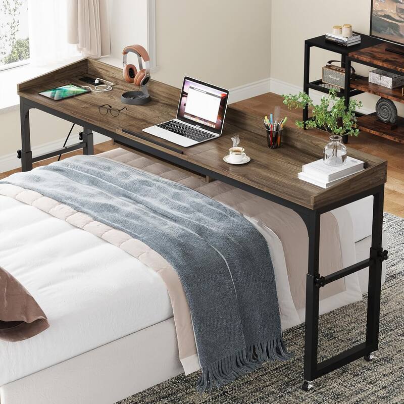 35.4" to 43.3" Height Adjustable Overbed Table with Wheels, 70.8" Queen Size Mobile Laptop Desk, Built-in Outlets & USB Ports