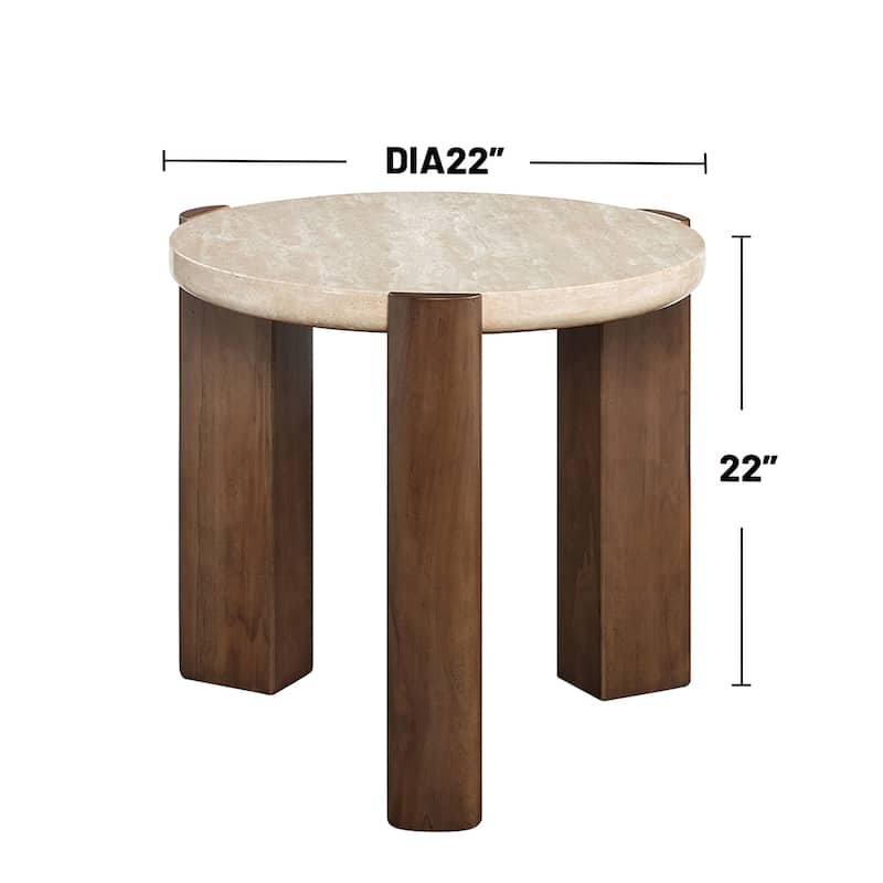 Travertine Stone and Wood Round End Table in Dark Oak