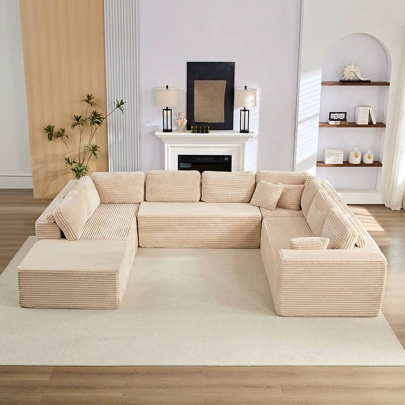 Corduroy 141'' Deep Seat Modular Sectional Sofa, Modern 8-Seater U-Shape Sofa Couch with Moveable Ottoman