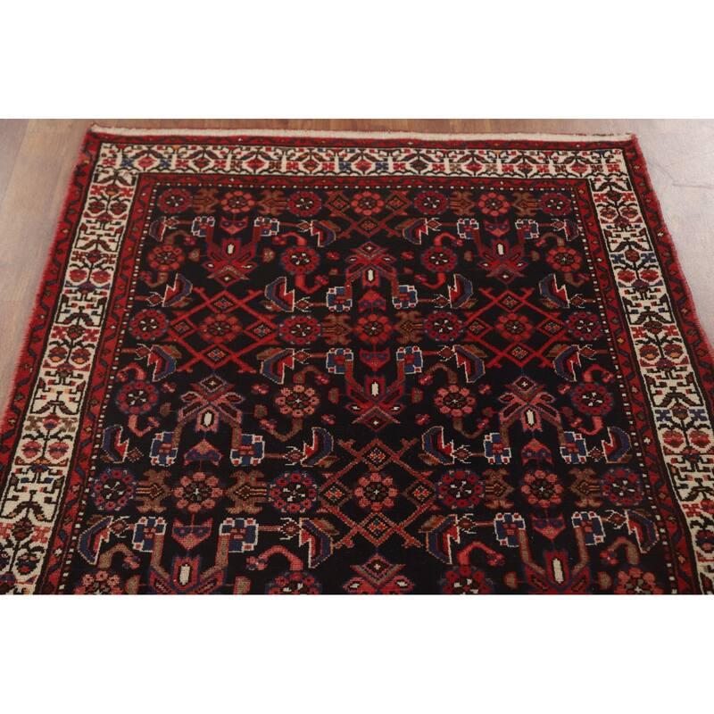 All-Over Hamedan Persian Vintage Runner Rug Hand-Knotted Wool Carpet - 3'8" x 10'2"