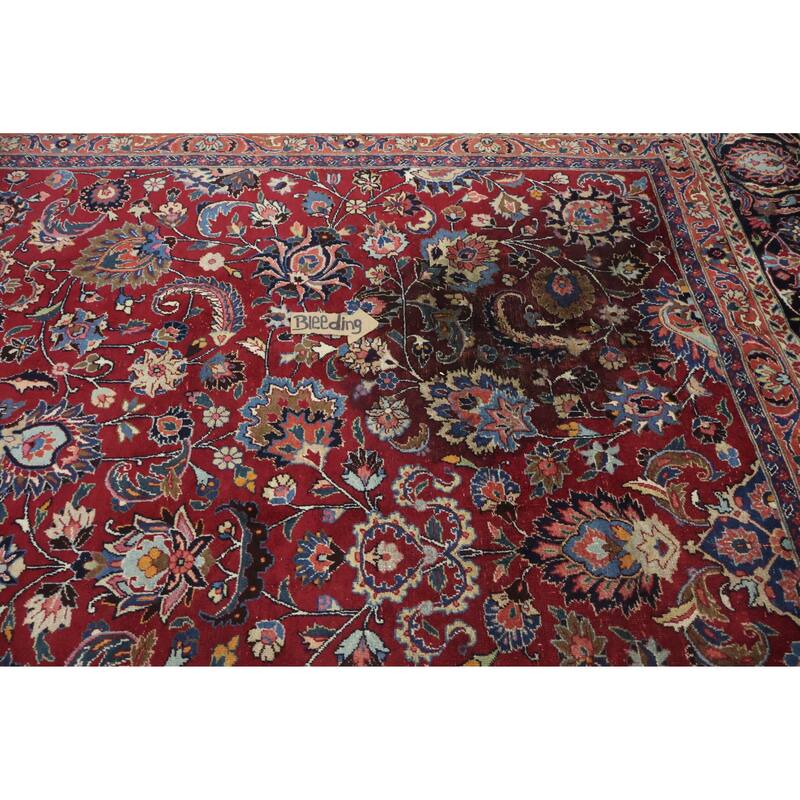 Hand Knotted Oriental 100% Wool Carpet Traditional All-Over Red Mashad Area Rug - 12' 2'' X 8' 11''