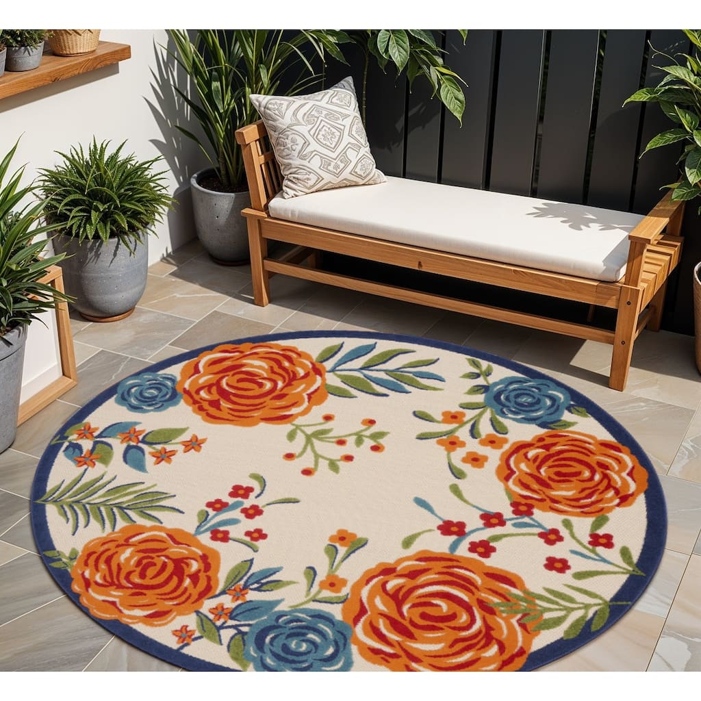 Beri Graceful Floral Color-Lock Technology Trendy Modern Round Outdoor Rug - 8' Round