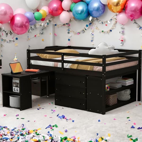 slide 2 of 9, Full Size Loft Bed With Desk,3 Drawers,Storage Stairs and Shelves Espresso