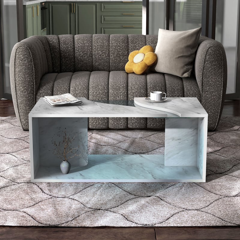 Kobe Modern Faux Marble Veneer Coffee Table with Shelf by Furniture of America - White-With LED Lights