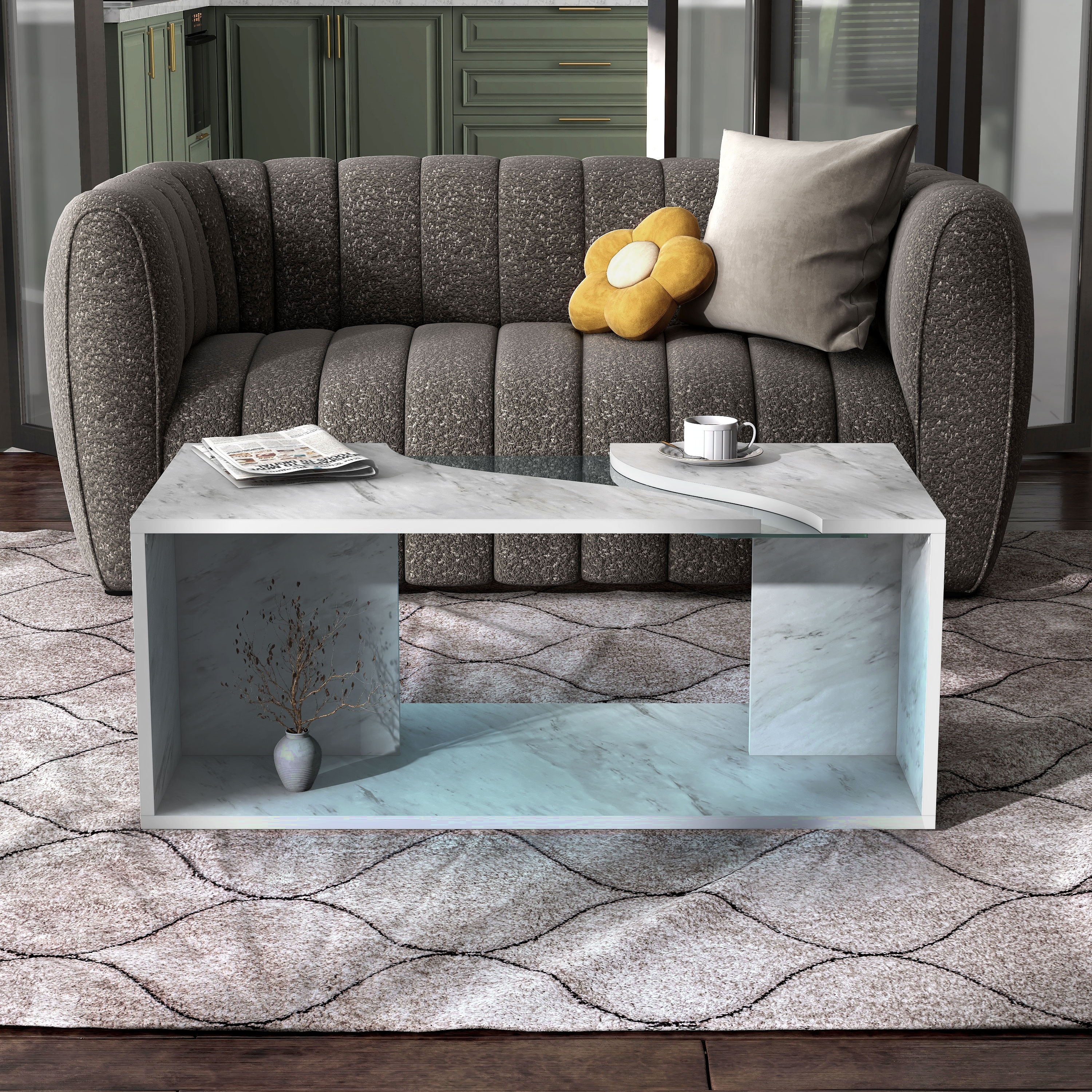 Furniture of America Kobe Modern Faux Marble Veneer Coffee Table with Shelf