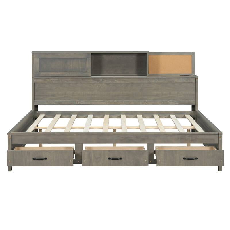 Full Size Wooden Daybed with 3 Storage Drawers, USB Ports, Pushable Shelf, Gray