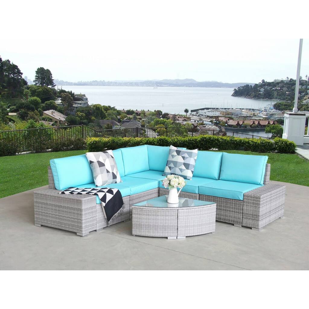 Nestfair 6-Piece Gray Wicker Outdoor Sectional Sofa Set with Blue Cushions