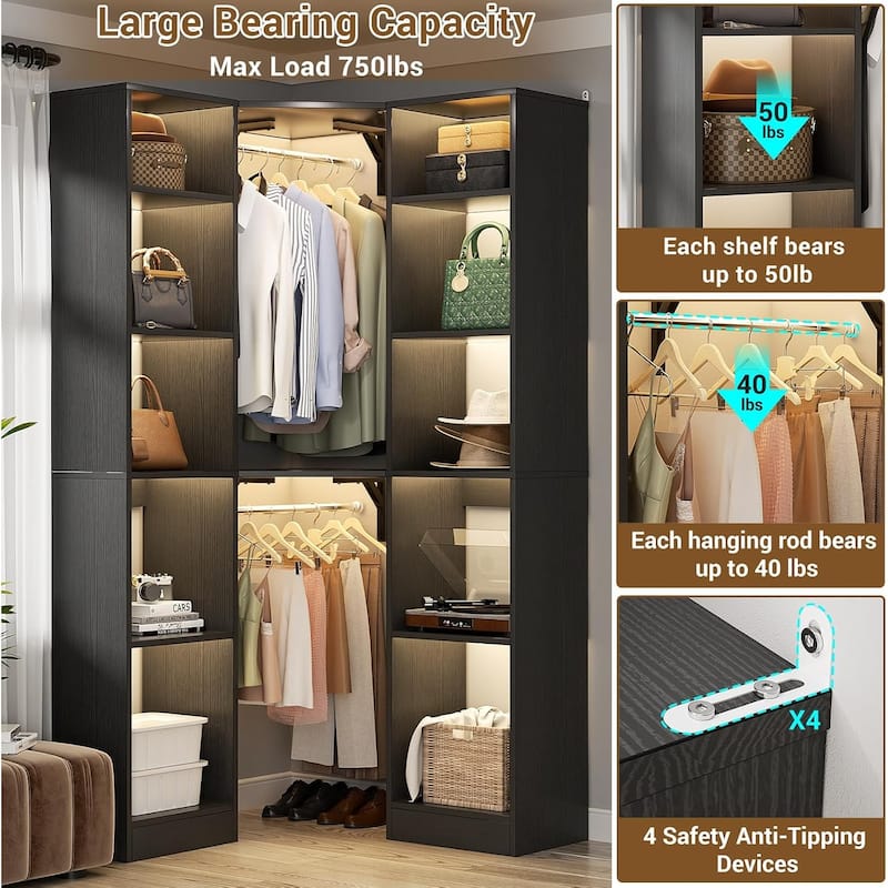 Kyrvo Corner Closet System with 12 Shelves and 2 Hanging Rods, 40"W x 80"H Freestanding Walk-in Closet Organizer System