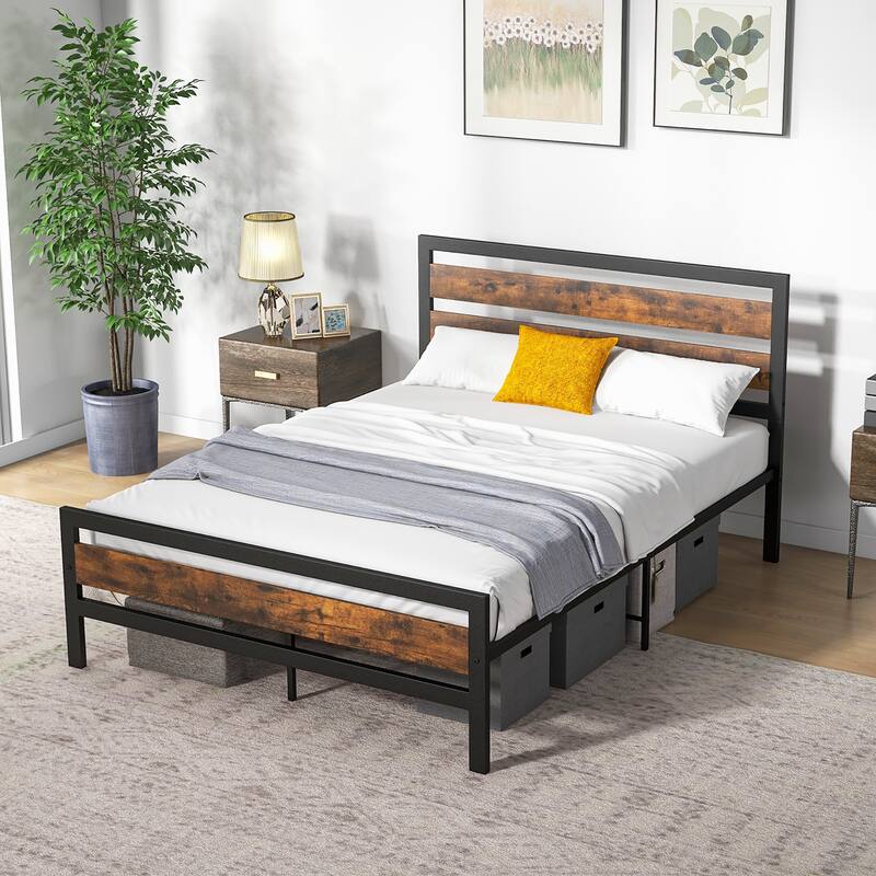 Costway Full/Queen Industrial Metal Platform Bed Frame Rustic - Full