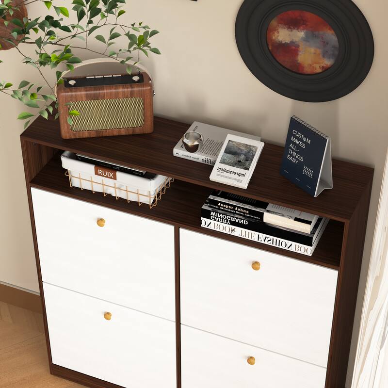 Shoe Storage Cabinet with 4 Flip Drawers , Shoe Rack Organizer Cabinet with wooden