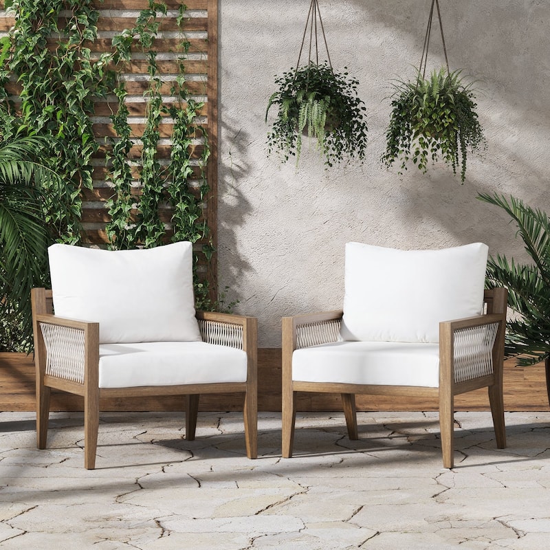 Freya Bohemian Wooden Armchair, Outdoor Patio Chair, Solid Acacia Wood Frame - Set of 2 - White/Light Brown