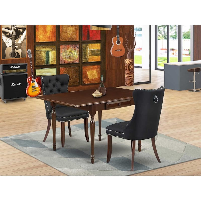 HomeStock 3-Pc Mahogany Finish Rectangular Solid Wood Top with Dropleaf Dining Table Set