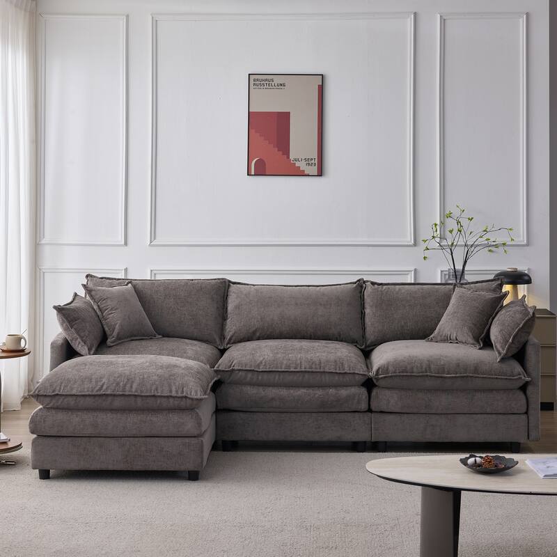 105" Modular Sectional Sofa with Ottoman, Upholstered Chenille Fabric 3-Seater