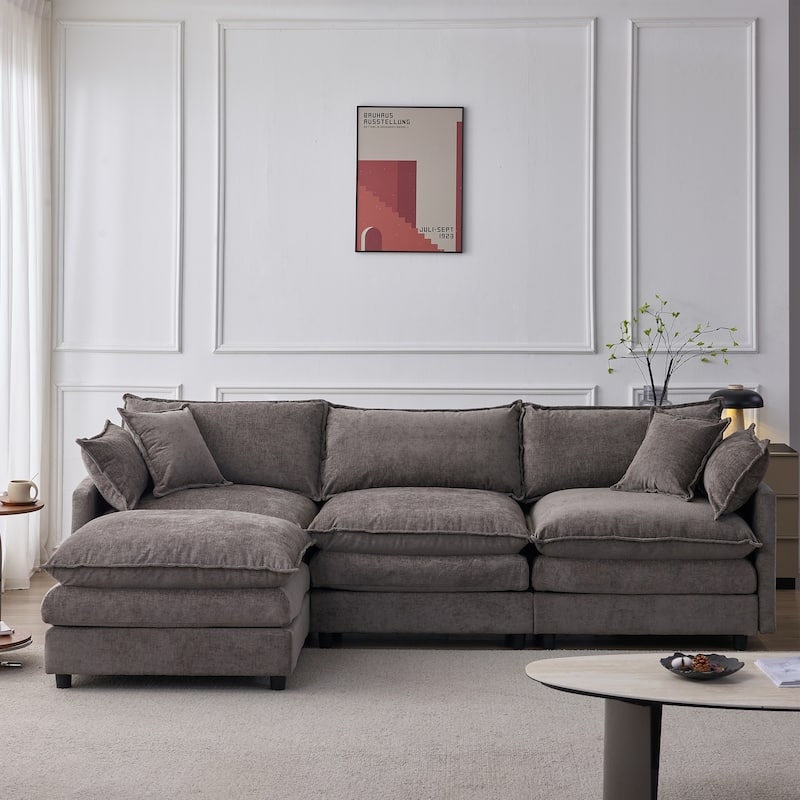 Chenille Upholstered L-shaped Sectional Sofa 3 Seater Modular Couch with Ottoman, Pillows and Double Layer Seat Cushions
