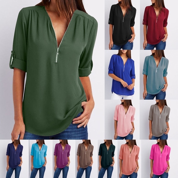 V Neckline Blouse - Zipper Front / Three Quarter Sleeve