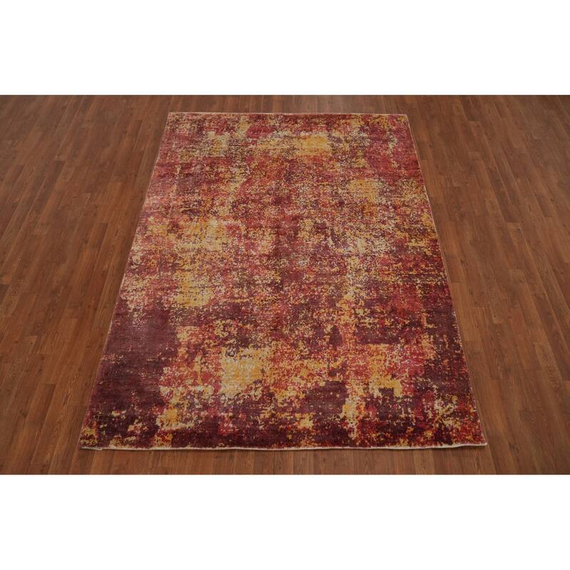 Hand-knotted Modern Silk Orange Abstract Oriental Area Rug - 7' 9'' X 5' 8''